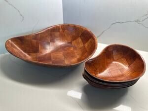 Vintage 70’s MCM Kidney Shaped Parquet Wooden Basket Weave Salad Bowls Serveware